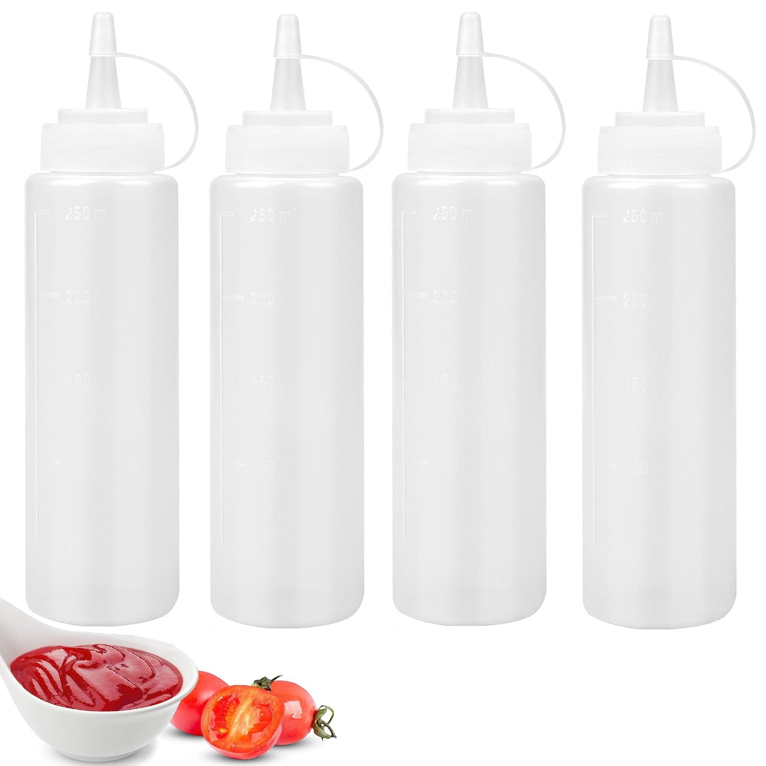 4 Pcs Squeeze Sauce Bottles 8oz Plastic Squeezy Bottle with Nozzles 250ML Reusable Condiment Bottles with Cap Dispensing for Oil Cooking