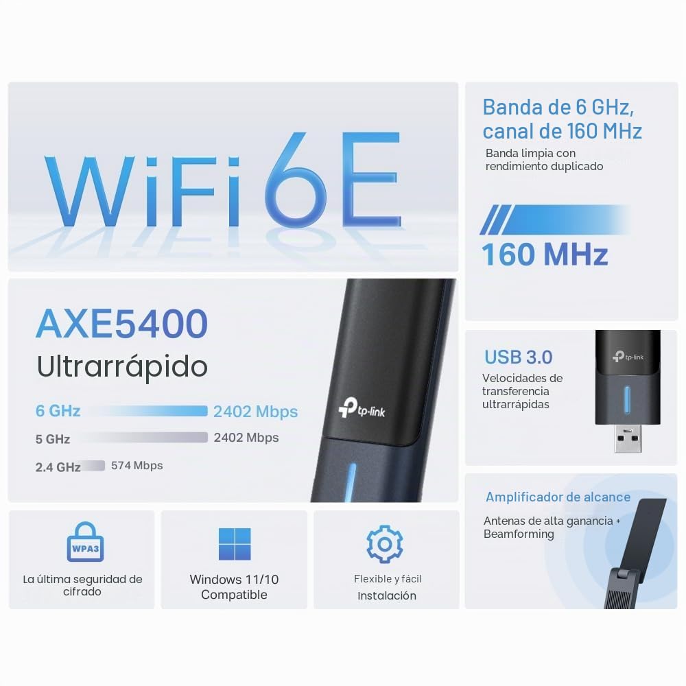 【2024 Nuevo】 TP-Link Archer TXE70UH | Adaptador USB inalámbrico de Alta Ganancia | Wi-Fi6E AXE5400Mbps| Cobertura más Amplia | USB3.0 | Juego de Menor latencia|Compatible con windows11