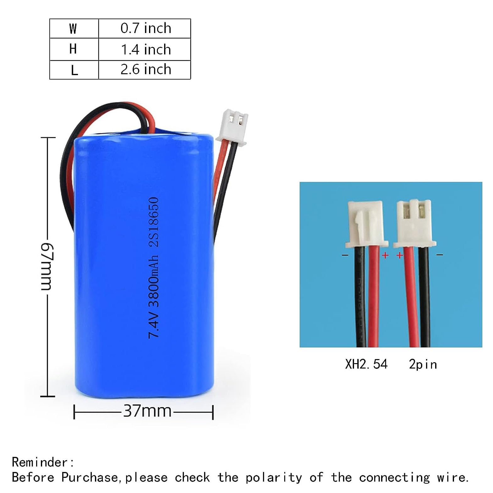 18650 Batteria al Litio 7,4 V 3800 mAh Batteria Ricaricabile con Spina XH per Torcia elettrica Power Bank Utensili elettrici, 1 pz