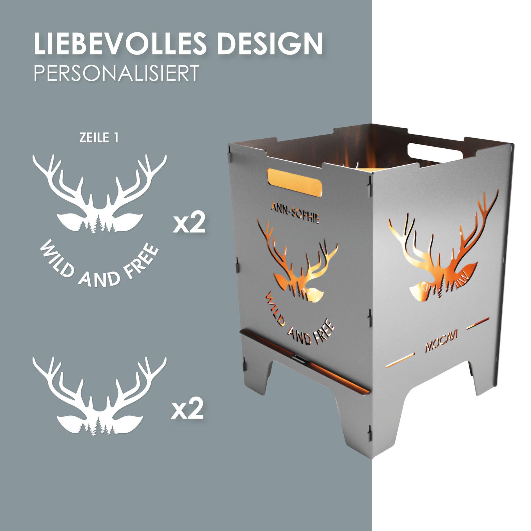MOCAVI Edelstahl Feuerkorb Wild 52 cm | 3 mm V2A personalisiert Design-Feuertonne für Garten, Terrasse und Balkon Feuerschale Feuersäule massiv sicher quadratisch Feuerstelle Outdoor faltbar hitzefest