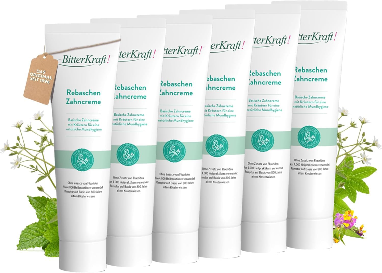 BitterKraft! Lot de 6 dentifrices de rebaschen - 75 ml - Selon Hildegard von Bingen - Soin basique aux herbes avec cendre de vigne et menthe frisée - Soin dentaire - 100 % naturel - Fabriqué en