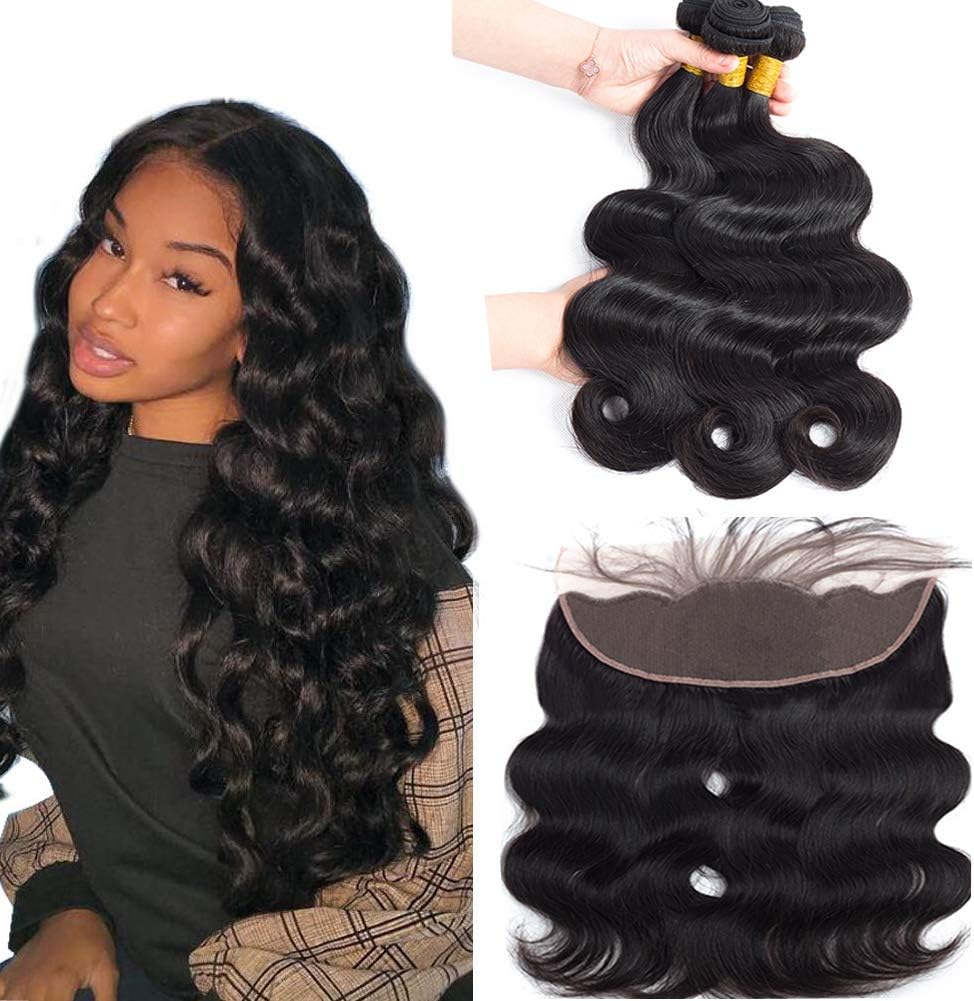 Sweetie Hair Body Wave Human Hair Bundles with Frontal (12 14 16 +10) 13x4 Lace Frontal Closure with 3 Bundles Brazilian Hair Weave for Women Natural Black