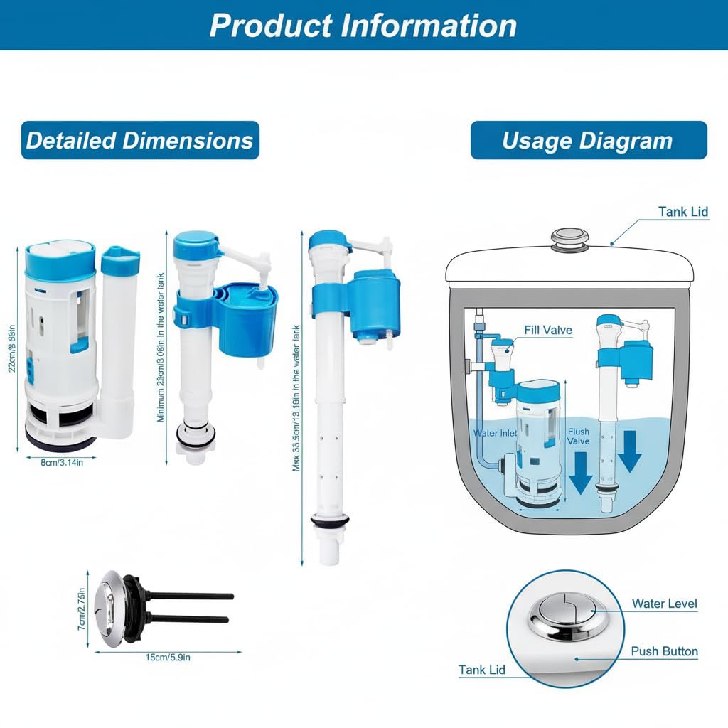 Sistema de descarga de inodoro de repuesto, Wieat Kit de cisterna de inodoro de doble descarga, botón pulsador para baño doméstico, válvula de llenado ajustable azul, adecuado para depósitos con una
