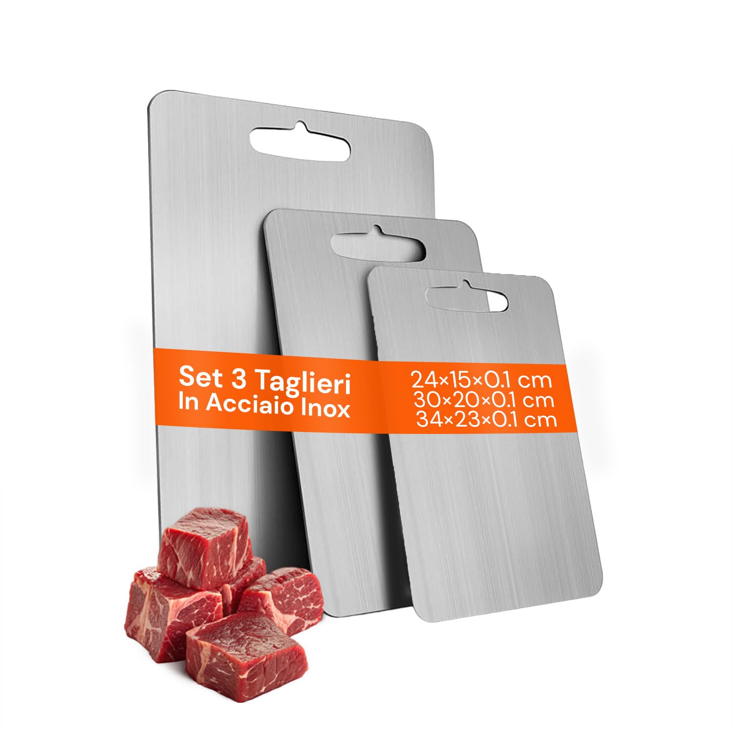 Avilia - Tagliere Acciaio Inox Bifacciale con Manico Forato Set 3 Diverse Dimensioni per Carne Pesce Verdure e Pane Uso Quotidiano Superficie Igienica Antiruggine Salvaspazio