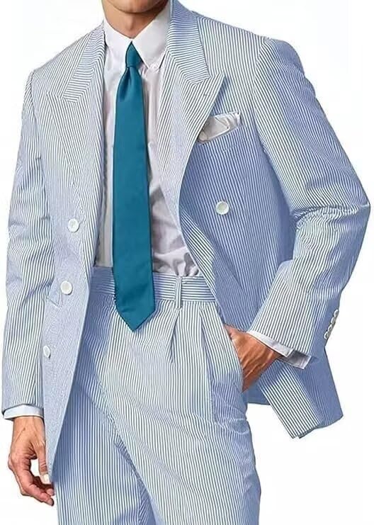 Mens Suit Summer Seersucker 2 Piece Double Breasted Buckle Striped Tuxedos for Men Wedding Suits Beach Party