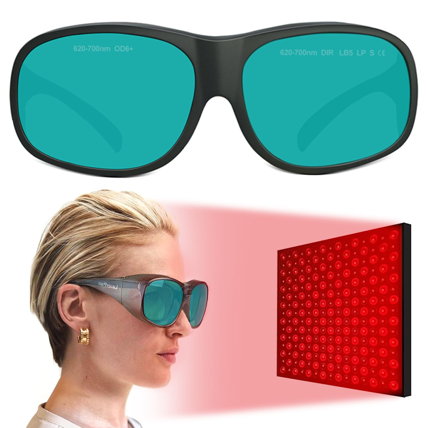 LP-LaserPair Blocking Red Laser Glasses,600-700nm Ruby Laser Safety Glasses for Laser Hair Removal 635nm, 650nm, 694nm And LED Red Light,UV Protection