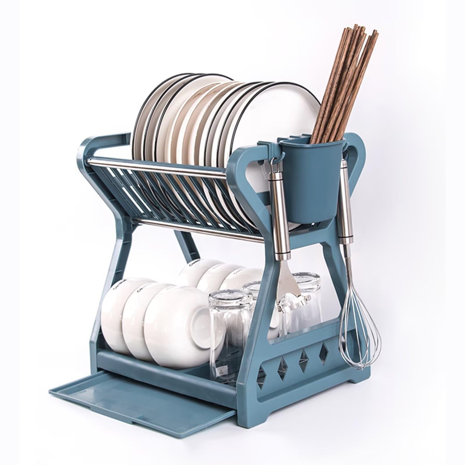 Escurridor de Platos para Encimera de Cocina, Escurreplatos de PP 2 Niveles con Desagüe, Set Escurreplatos Fregadero para Cubiertos y Vasos con Soporte de Vajilla y Tazas