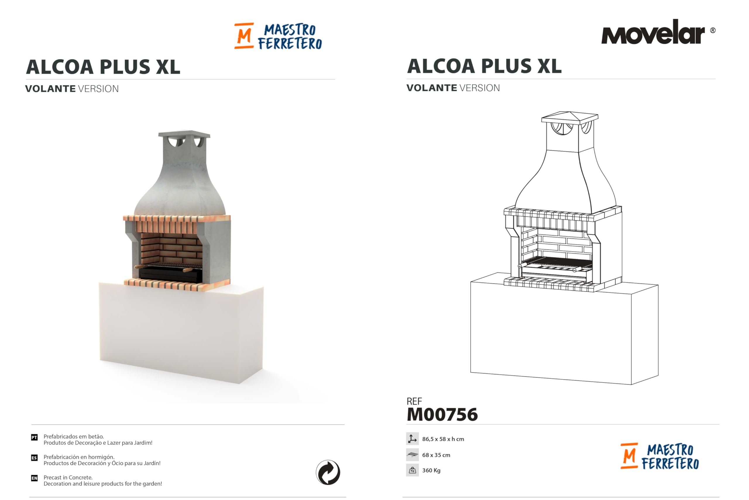 MOVELAR - Barbacoa de Obra en Hormigón y Ladrillo Alcoa Volante – Para Carbón y Leña, Resistente y Duradera para Exterior (86,5 x 58 x 150 cm)