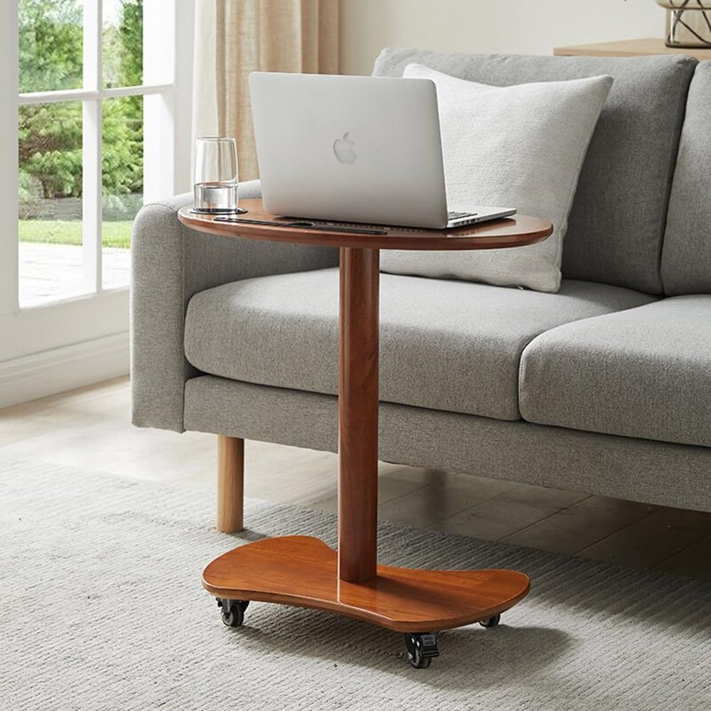 REDEXI Mobile Solid Wood End Table, Vintage Tray Table with Wheels, Wood Couch Table Portable Snack Table, Rolling Side Table for Breakfast Sofa Bedside