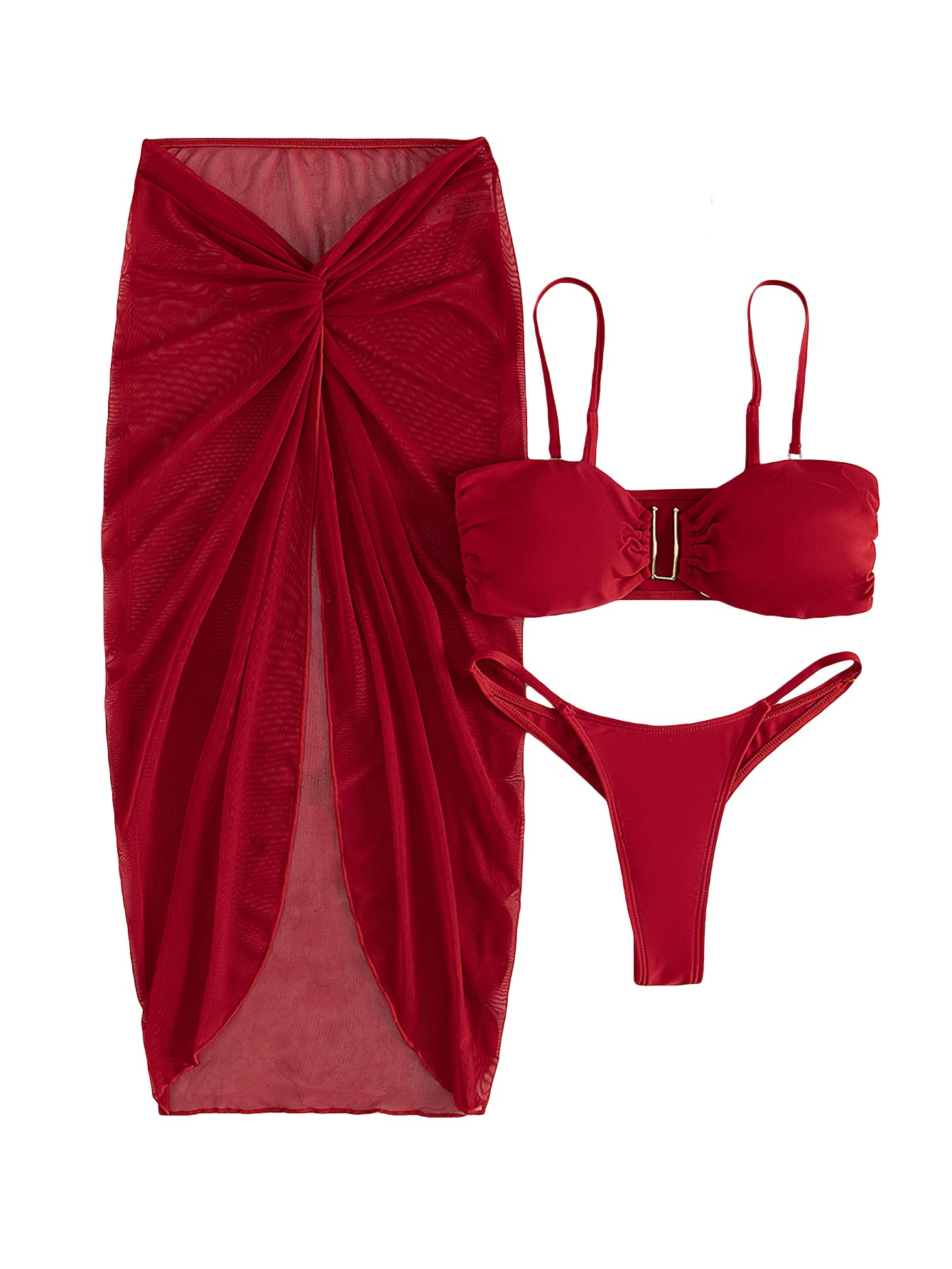 OYOANGLE Women's 3 Piece Bikini Set Swimsuit V Wired Bikini Bathing Suit with Twist Beach Skirt Red S