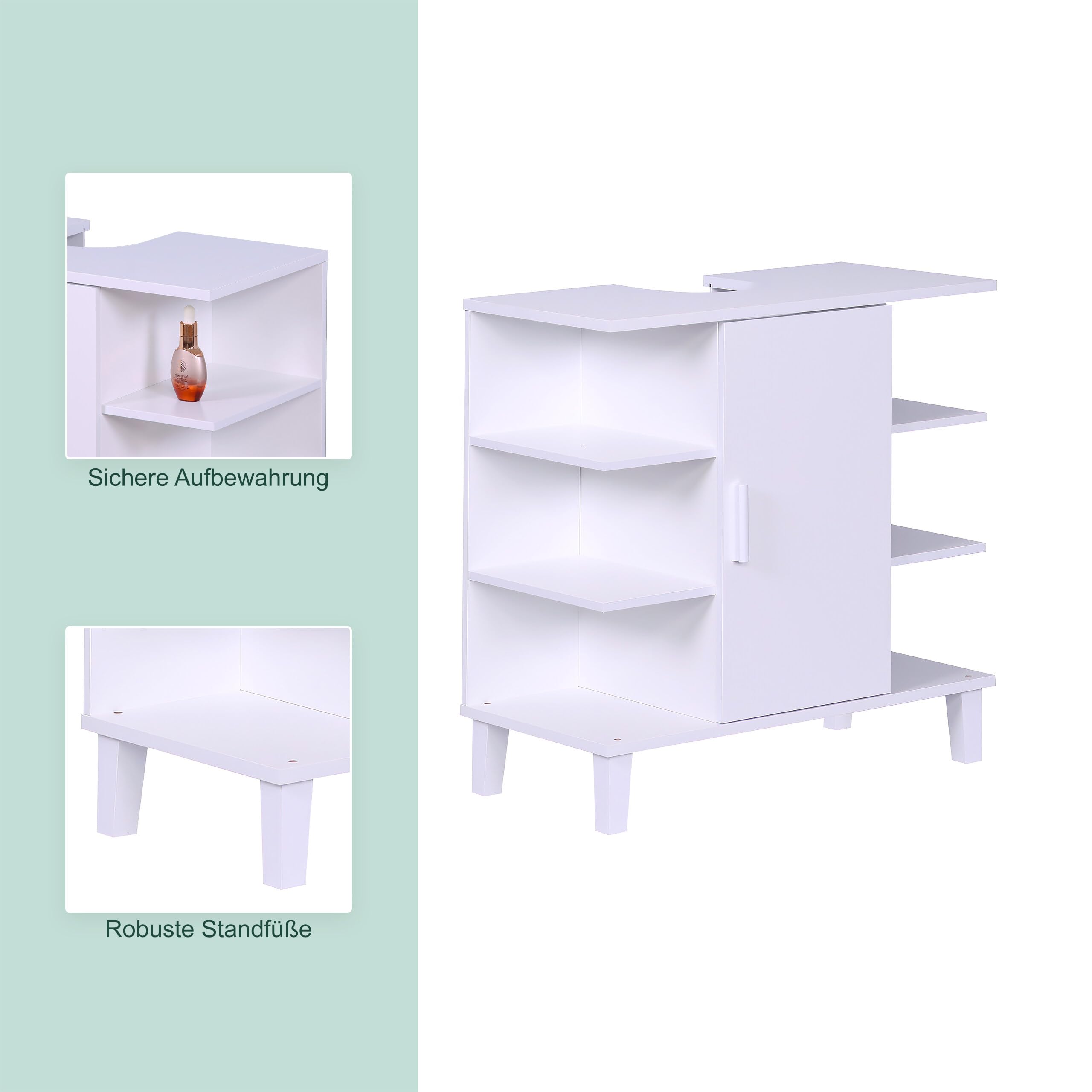 Relaxdays Waschbeckenunterschrank mit Tür und 6 Ablagen, HBT: 65x64x31 cm, MDF, Badunterschrank Waschbecken, weiß