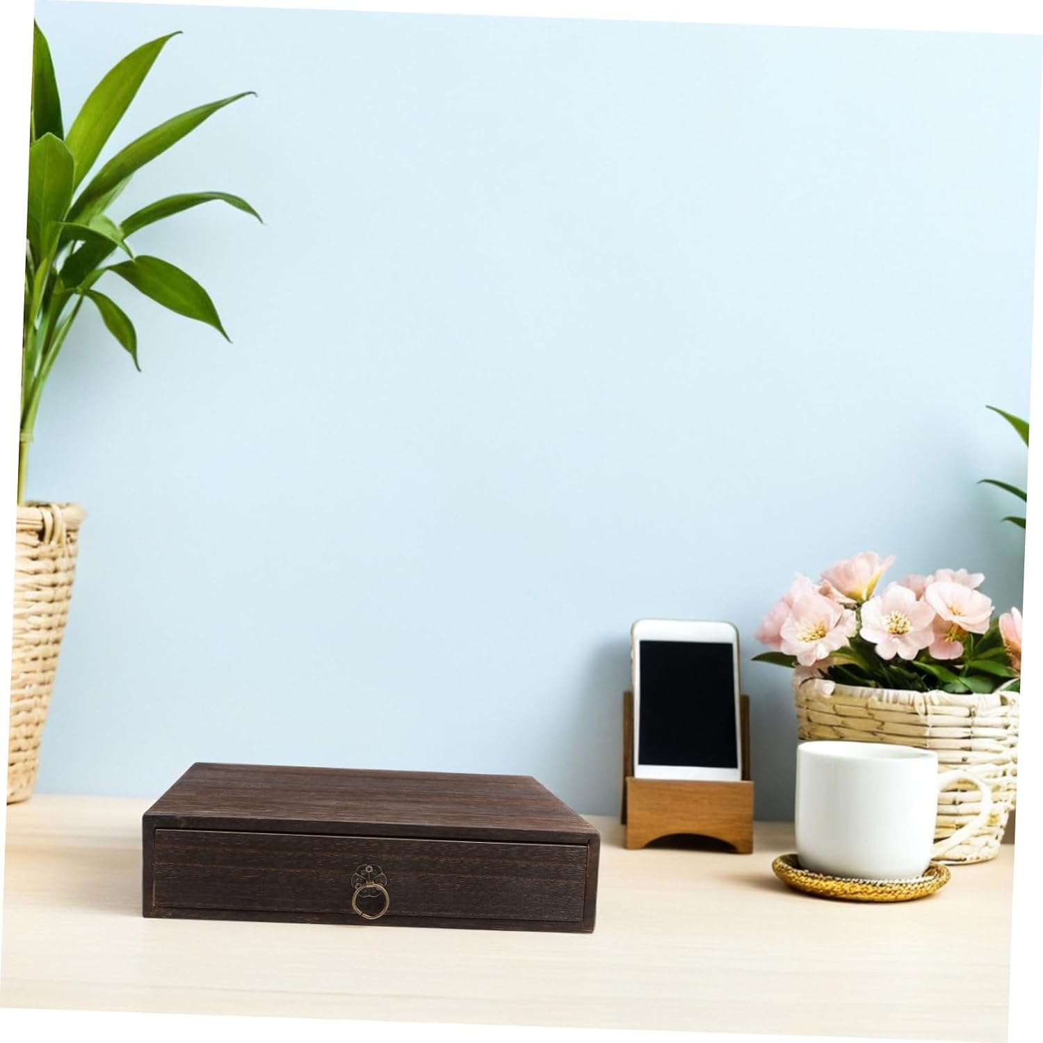 Angoily Desk Tabletop Organizer 2pcs Wooden Rustic Wood Pull-out Drawers, with Solid Desktop Storage Box Classic Vintage Style for Office and Home