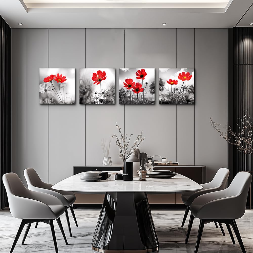 hyidecorart Canvas Wall Art Contemporary Simple Life Red Flowers Floral Painting for Home Bedroom Decor - 4 Panels Modern Artwork Prints HD Pictures for Living Room Bathroom Decor 12"x12"Inch 3
