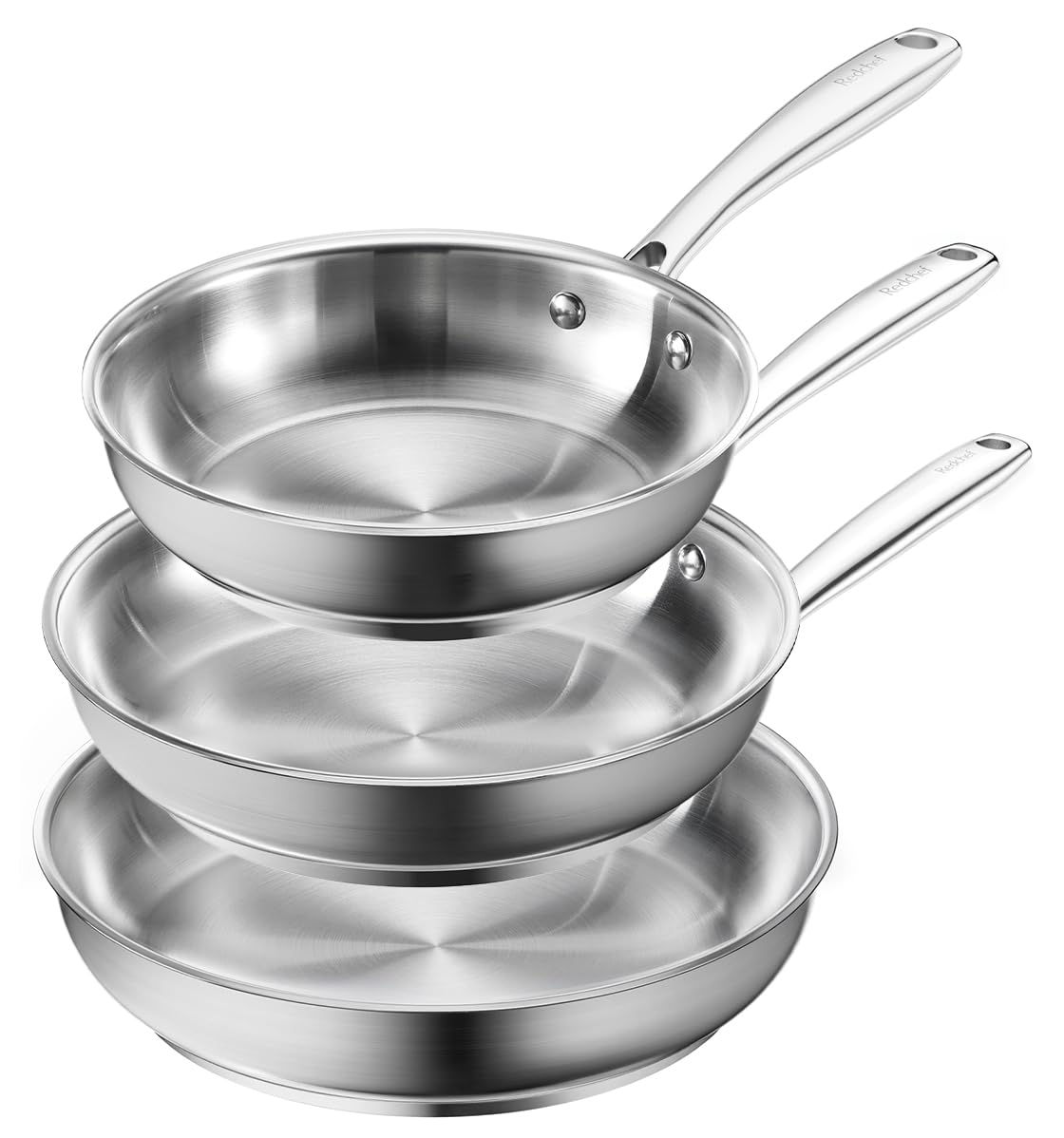 Redchef Stainless Steel Frying Pan Set, Induction Kitchen Cookware Set, Non-Toxic Uncoated Skillets for Searing & Cooking, Oven Safe Stainless Steel Cookware Set, 3-Piece (20+24+28cm/8"+9.5"+11")