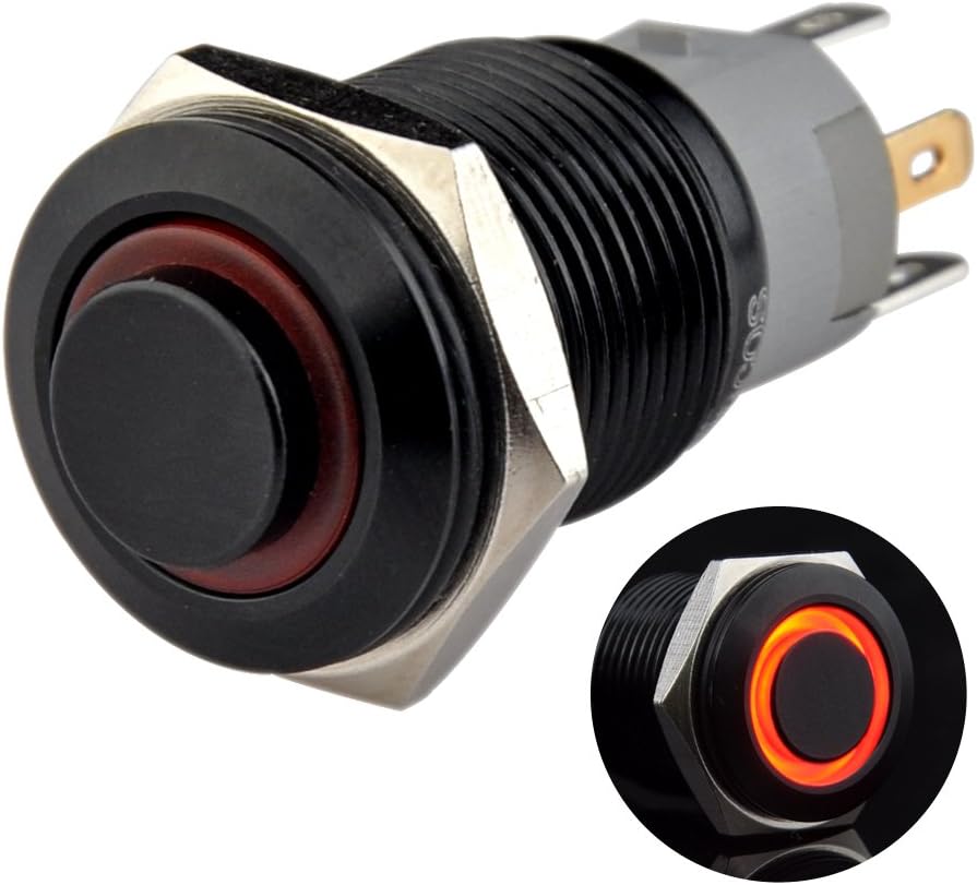 Ulincos® Latching Pushbutton Switch U16F2 1NO1NC SPDT ON/Off Black Metal Shell with Red LED Ring Suitable for 16mm 5/8" Mounting Hole (Red)