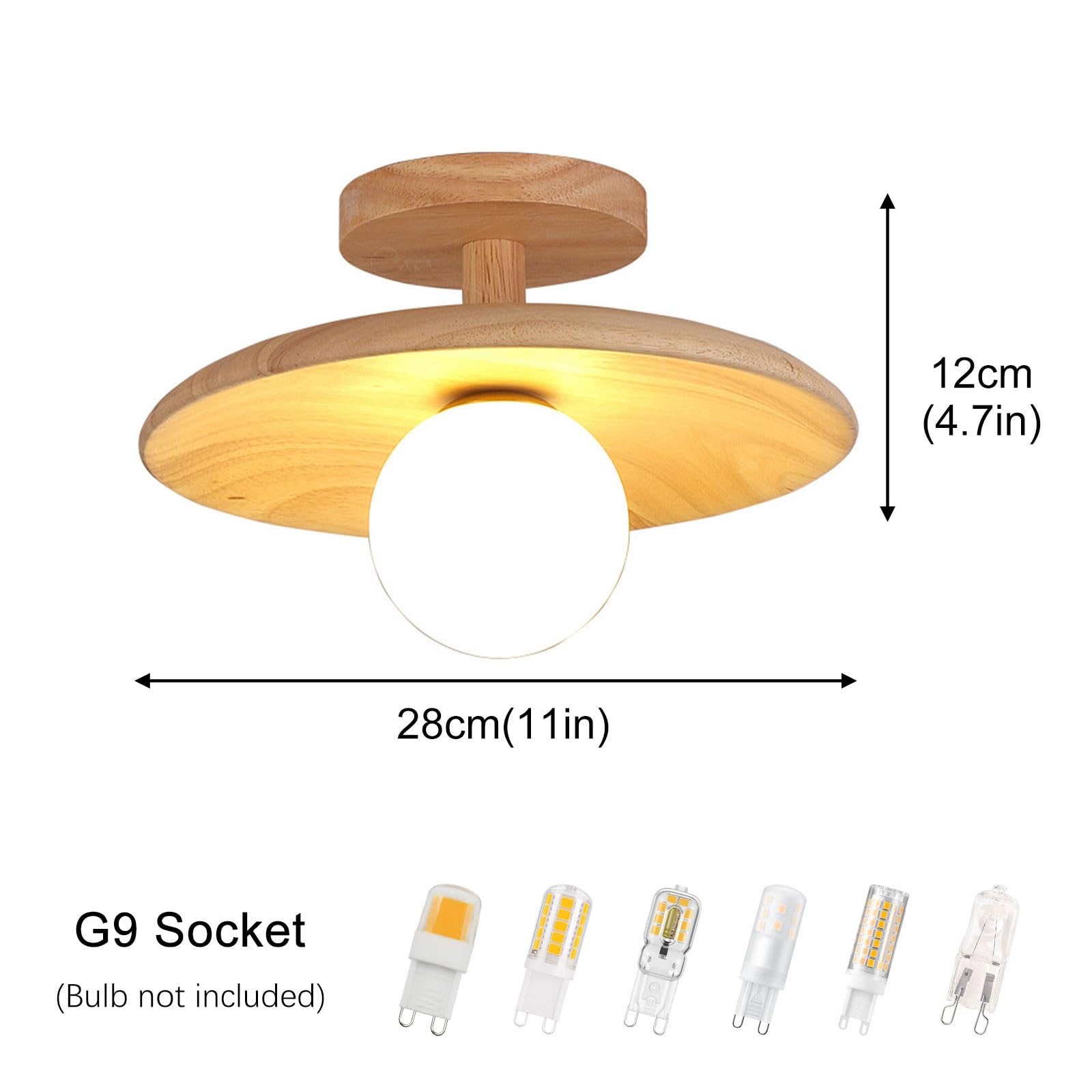 Jadssox Lampa Sufitowa Ze Szkła Globe, Nowoczesna Drewniana Plafon, Nordyckie Lampy Sufitowe Z Mleczną Kulą Szklaną Do Balkonu W Przedpokoju, Drewniana Oprawa Oświetleniowa Do Przedpokoju(28cm)