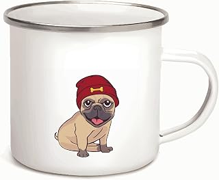 Cute Red Beanie Hat Gift for Pug Puppy Lovers Present for Dog Owners 12oz Enamel Silver Mug
