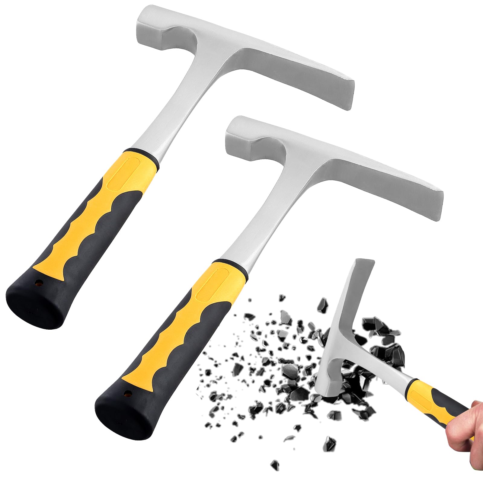 SOUJAP 24oz Carbon Steel Geological Hammer with Skid Handle, Flat Head, 24oz, Black, Yellow, 24 Ounces, Non-Slip Grip, 2 Pack