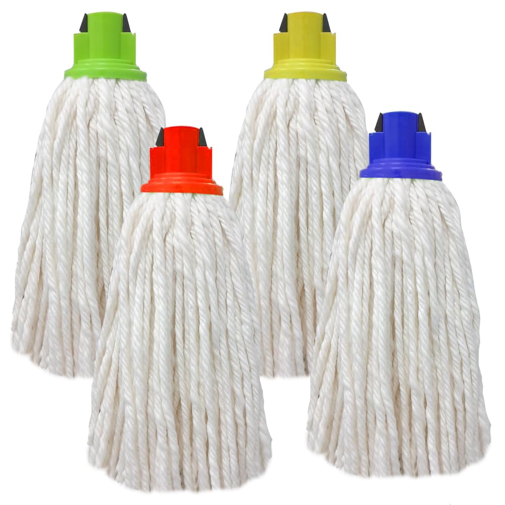 Eco Care 4 Pack, Cotton Floor Mop Refill, Super Absorbent, Easy Wring Dust Mop Head Replacement for Floor Cleaning, Round Shape with Clip, Assorted colors ( Red, Blue, Green, Yellow )