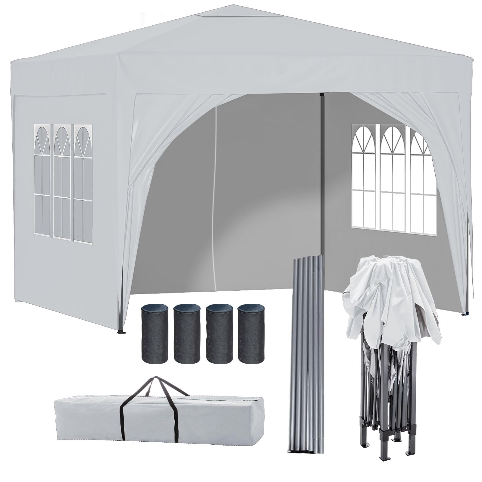 BIRCHTREE Pop Up Gazebo with Sides, 3m x 3m Waterproof with 2 Free Weather Support Beams 4 Gazebo Weight Bags. Garden Canopy Outdoor, Party Tent, 260g Polyester Powder Coated Steel Frame. WHITE