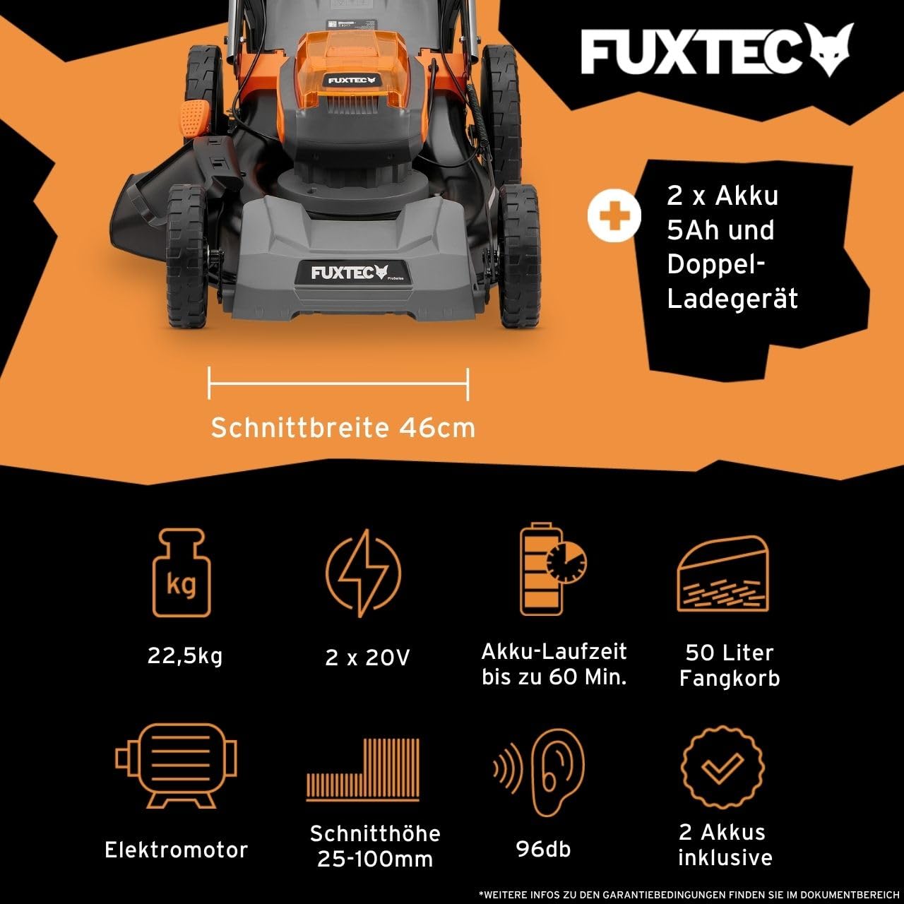 FUXTEC 40V Akku Rasenmäher FX-E2RM46PROSET • 2X 5Ah Akku und Schnellladegerät • Rasenmäher mit variablem Antrieb • 46 cm • Schnitthöhe 25-100 mm • Mulchfunktion • 50L Fangkorb