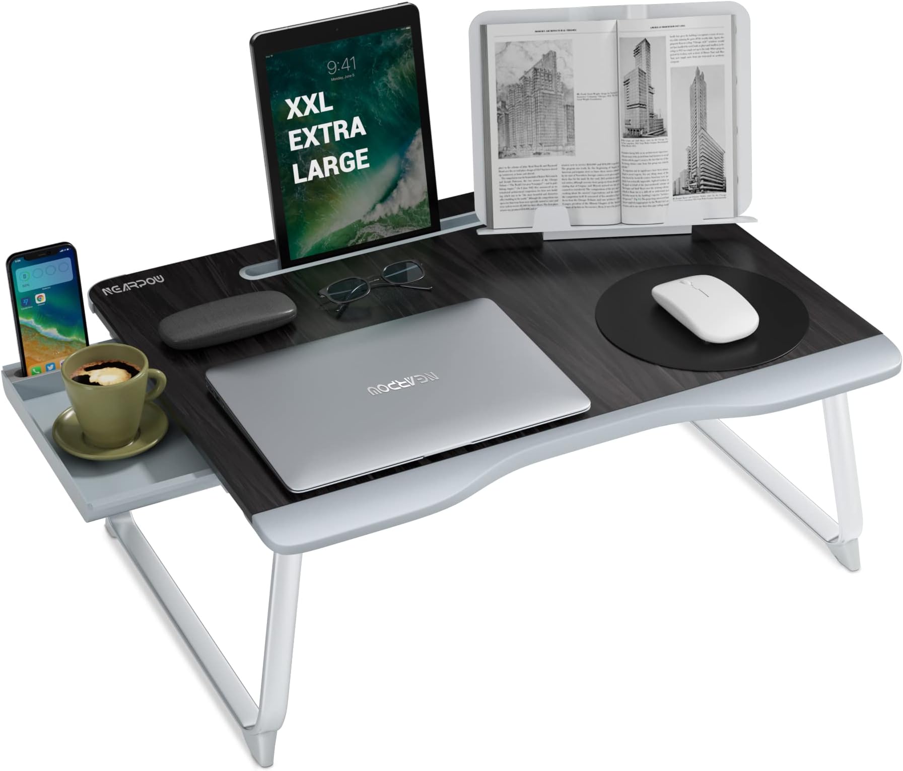 Laptop Bed Table, XXL Bed Trays for Eating, Laptops, Writing, Study and Drawing- Desk for Bed, Sofa and Couch- Folding Standwith Portable Book Stand and Drawer Storage, by NEARPOW