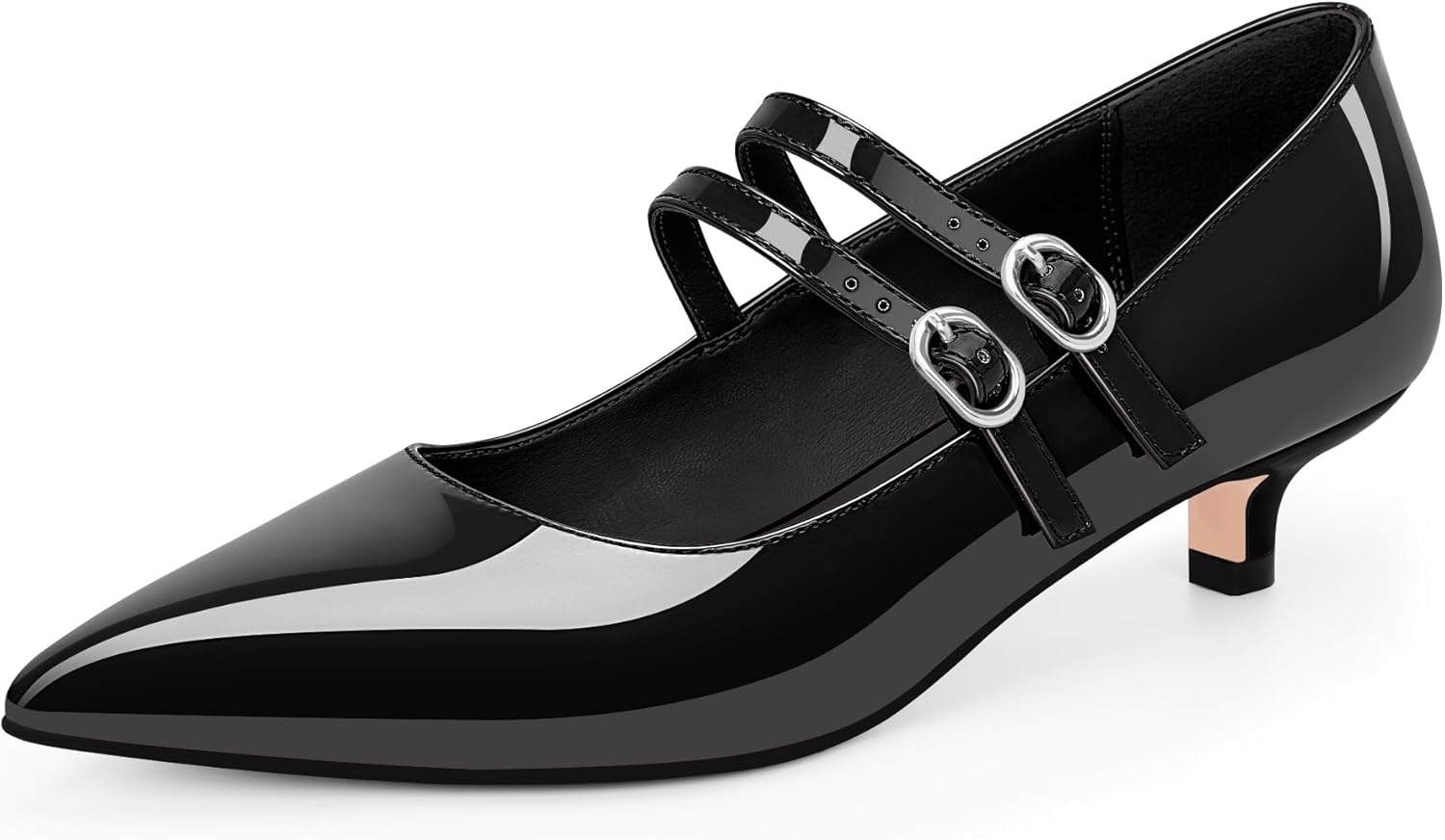 Women's Pointed Toe Kitten Heel Mary Jane Pumps Double Buckle Strap Dress Shoes