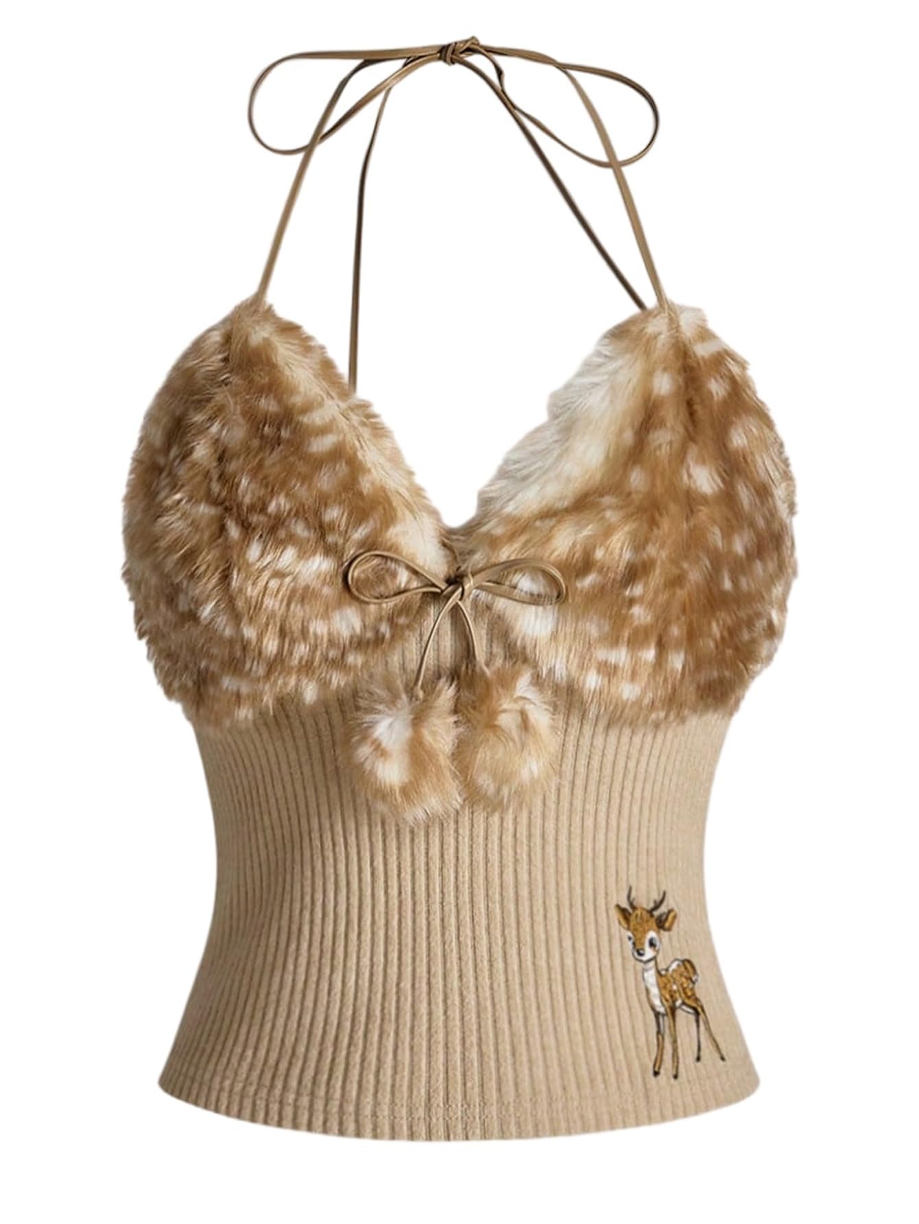 SweatyRocks Women's Backless Halter Tops Faux Fur Embroidery V Neck Y2k Concert Crop Top