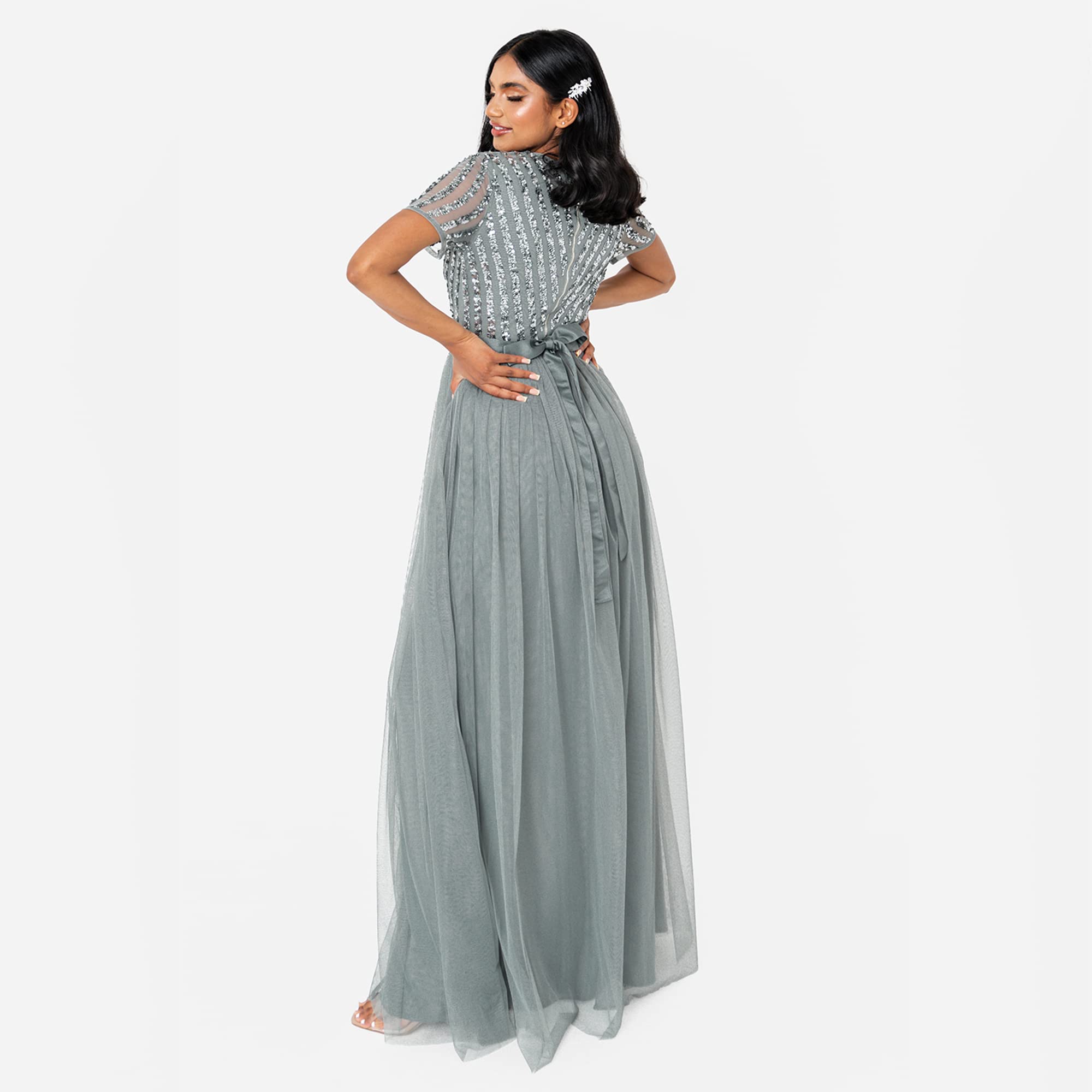 Maya Deluxe Vestido Mujer, Dama de Honor, Cuello En V, Manga Corta, Largo Y Elegante, Cintura Imperio, Boda