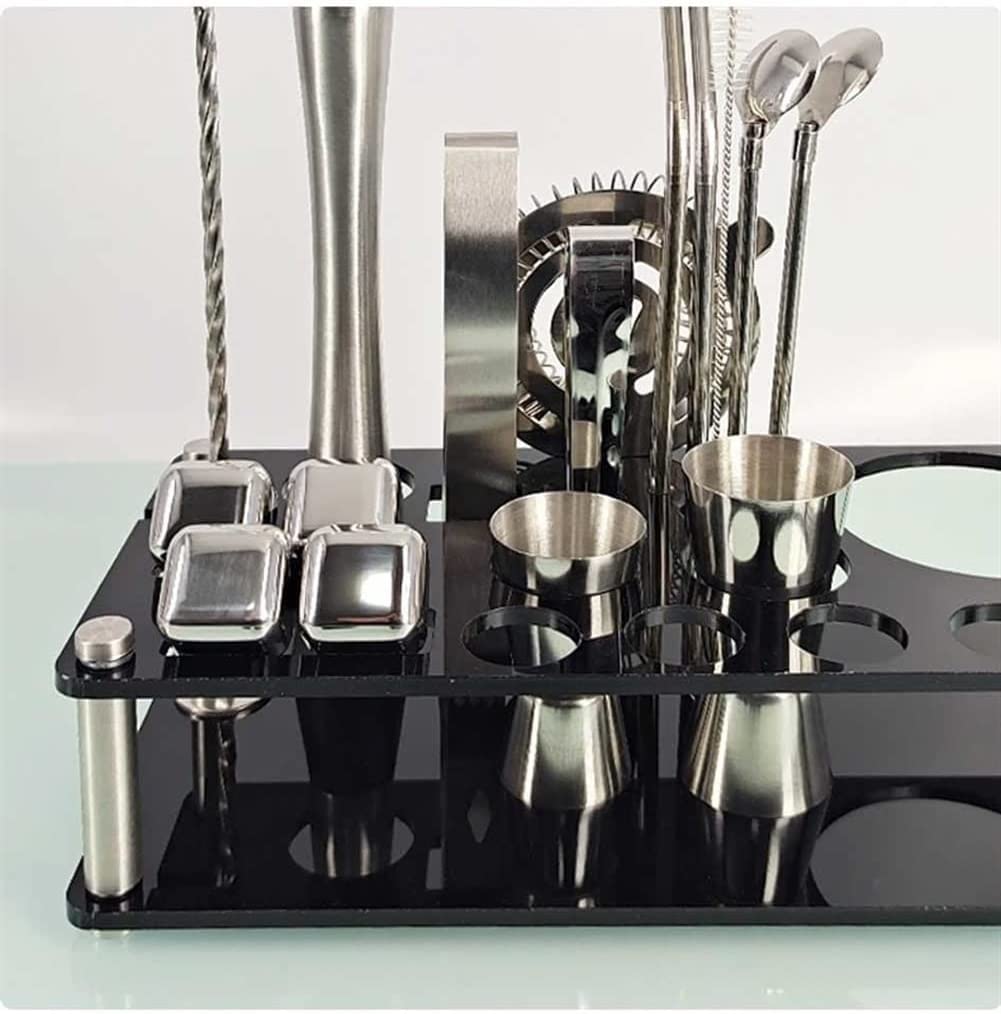 Kit de Barman, Juego de coctelera con Soporte, Juego de Herramientas de Barra: coctelera de Martini de 25 oz, Jigger, mortero, Pinzas para Hielo, colador, vertedor de Licor, Cuchara, sacacorchos,
