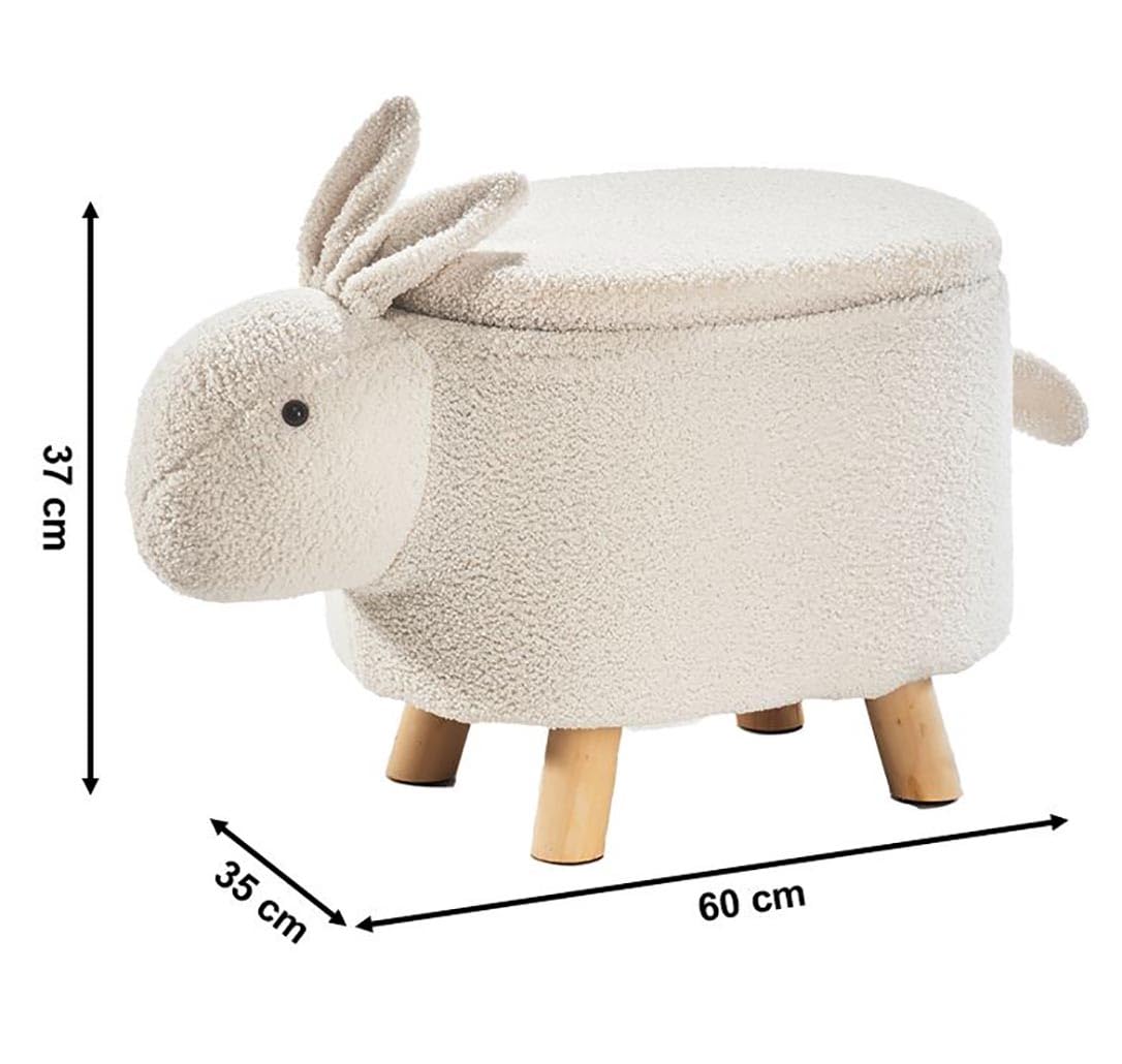 Kobolo Hocker Bunny | weiß 60x35x37 cm | Tierhocker mit Staufach | Bouclé-Teddystoff | Flauschige Sitzgelegenheit & Aufbewahrung im Tierdesign für Kinder