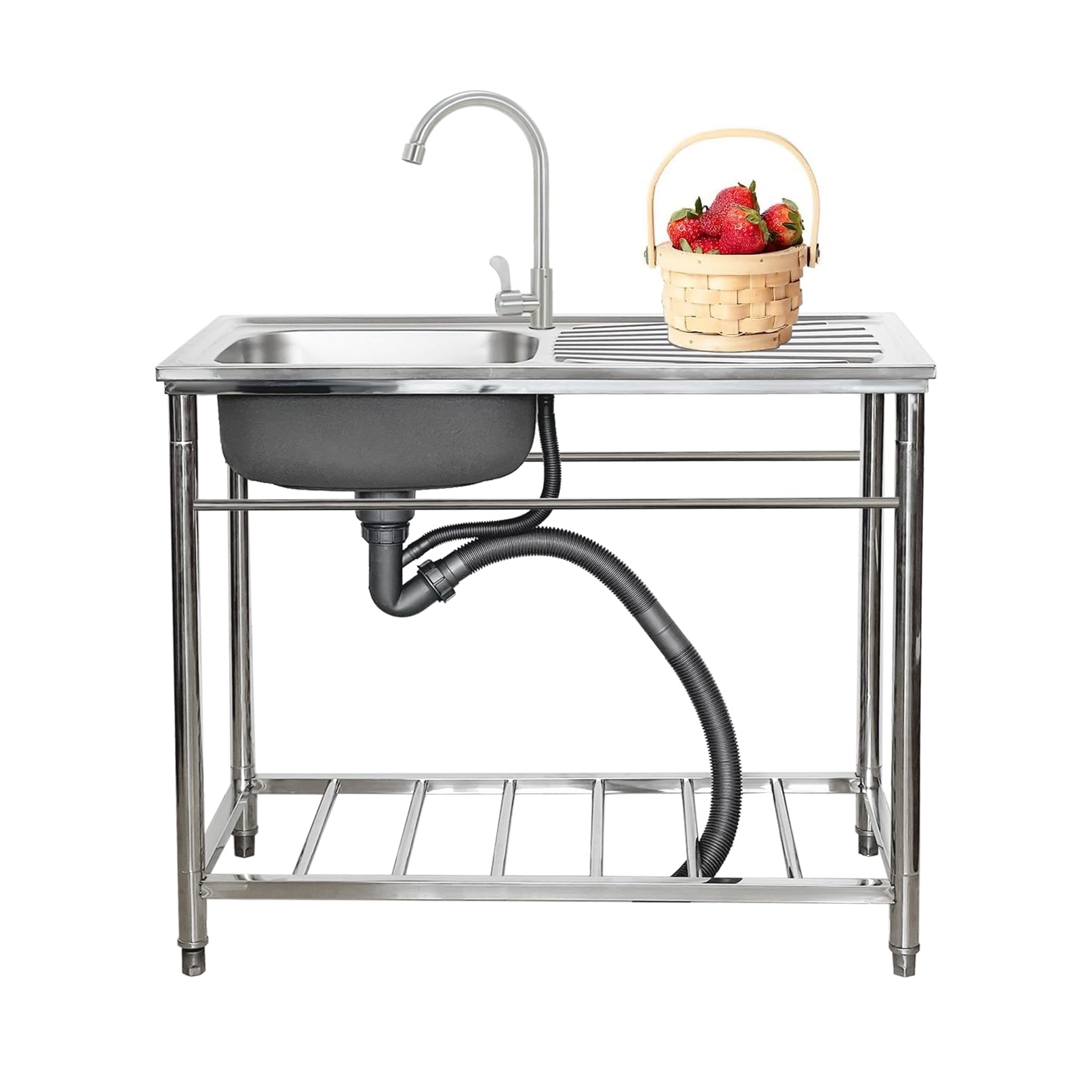 CZYWKDDPP Stainless Steel Utility Laundry with Workbench & Storage Shelve Portable Outdoor Garage Commercial Kitchen Freestanding Single Bowl Hot Cold Faucet and Drain Strainer