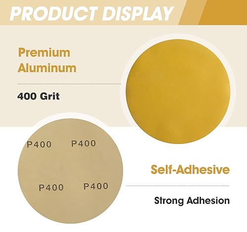 Miniatura 2 de CowboyBOB 100 discos de lija PSA dorados de 6 pulgadas, grano 400, papel de lija autoadhesivo para acabado de lijadora DA, papel de arena abrasivo,