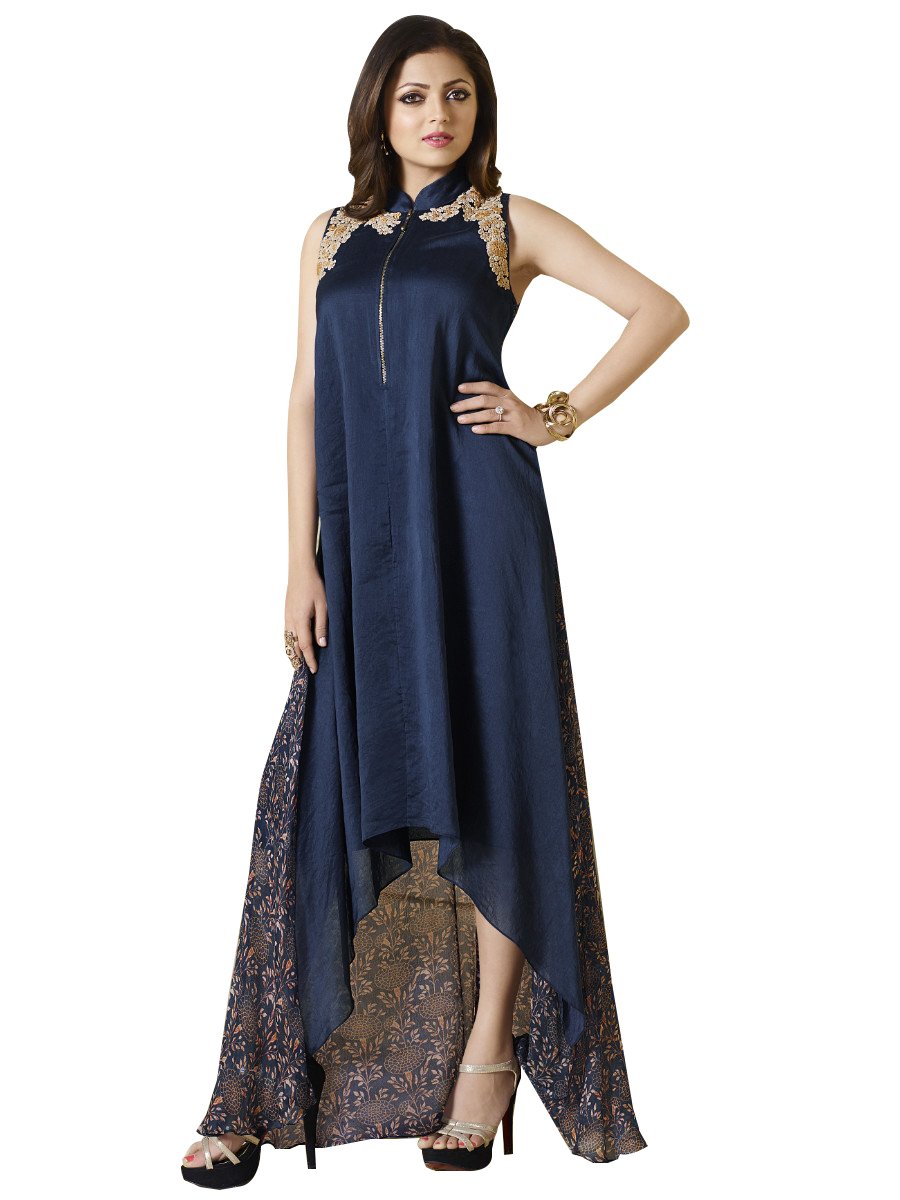 Anvi Creations Designer Blue Chanderi Chiffon Kurti Kurta Dress Size XL SCLT901 Anvi Creations Designer Blue Chanderi Chiffon Kurti Kurta Dress Size XL SCLT901