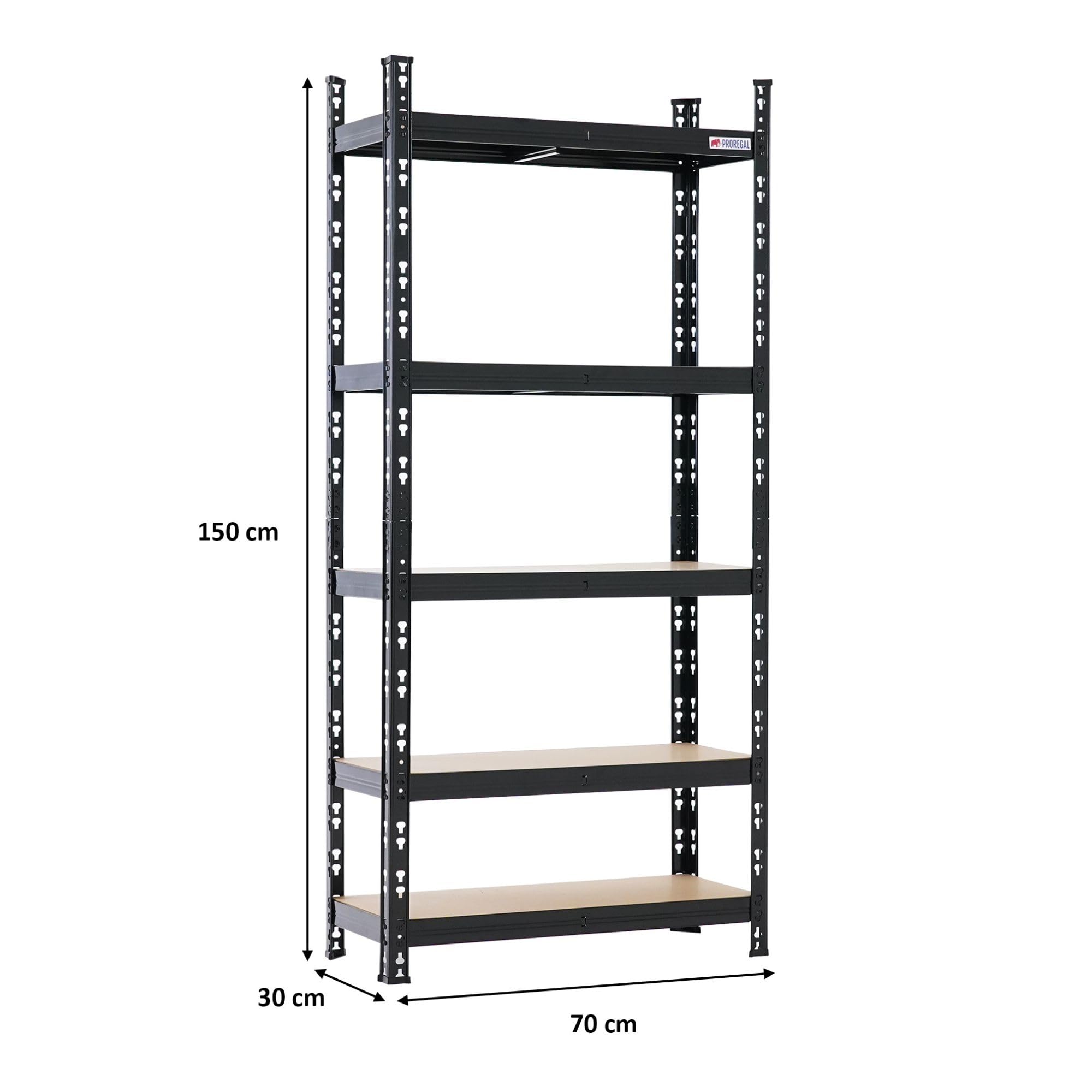 PROREGAL Schwerlastregal Hermes schwarz 30 cm tief, 150x70x30 cm, 4 MDF-Platten-Ebenen 4mm, Fachlast 175kg, Metallregal klein Lagerregal Steckregal Regal