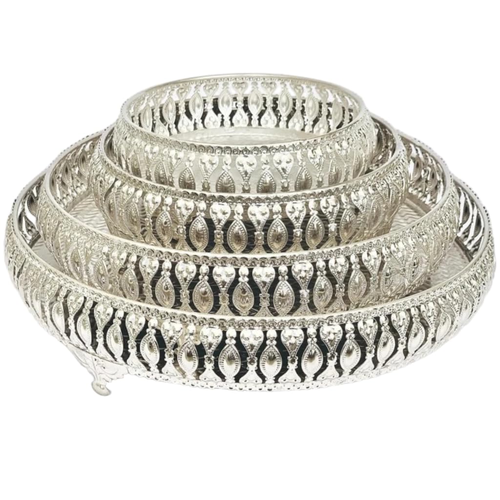 Decorative German Silver Tray Set of 4 Sets Designer Set Trays I Gifting Trays Set [Display for Home Wedding and Festive Decor Size 10 inch 8 inch 6 inch 4 inch. Without Stand Flat Trays.-image-28
