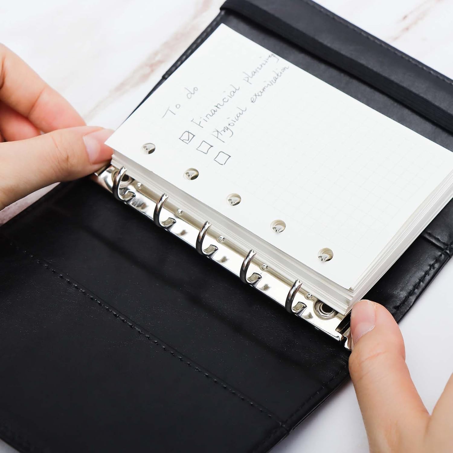 AxeWoodz PU Leather A8 5 Ring Binder With 80 Sheets Grid Filler Papers, Black Refillable Notebook With Bandage, Planner Binder Notebook Loose Leaf, 4.17''x5.12'' - Image 3