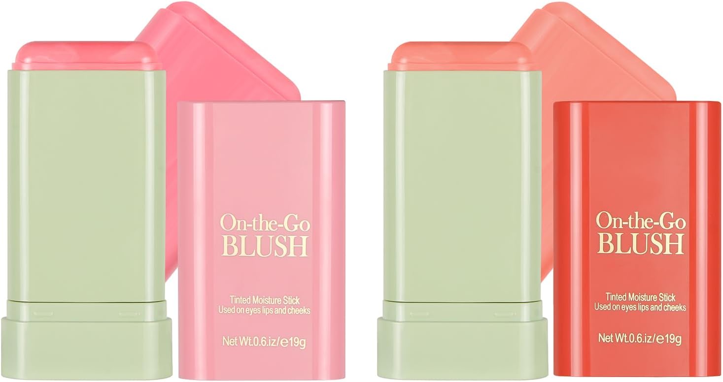 2 PCS Multi-Use Makeup Blush Stick, Solid Moisturizer Stick, Shadow Lips and Cheek Blusher Waterproof Peach Creamy Makeup (Pink and Orange)