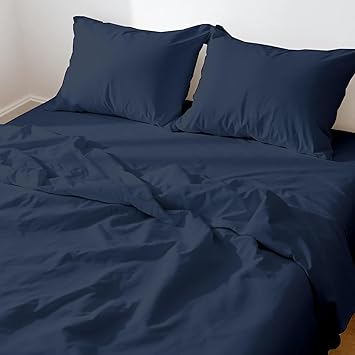 Rajlinen King/California King Waterbed Sheets Set, Cotton, Fits Up to 16 Inch Deep Pockets, Attached Fitted and Flat Sheets, 4 Piece, Soft, Cooling, Navy Blue Solid