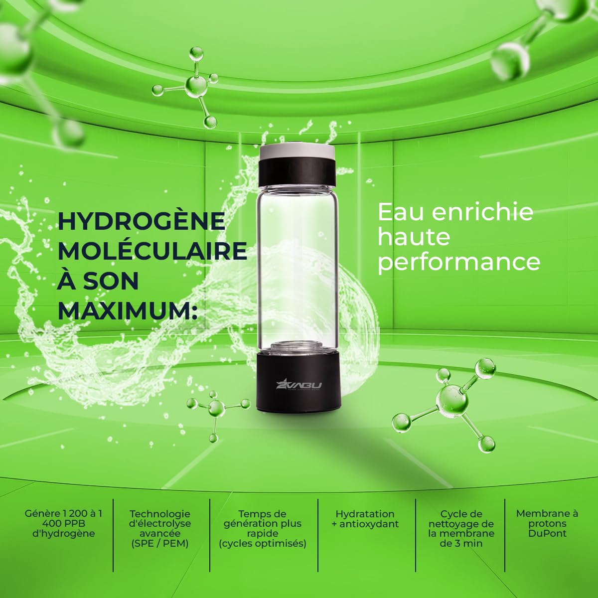 Molecular Sport - Bouteille d’Eau Hydrogénée - Jusqu’à 1400 PPB d’Hydrogène Moléculaire - Technologie SPE & PEM – 400 ml – Housse Protectrice Incluse