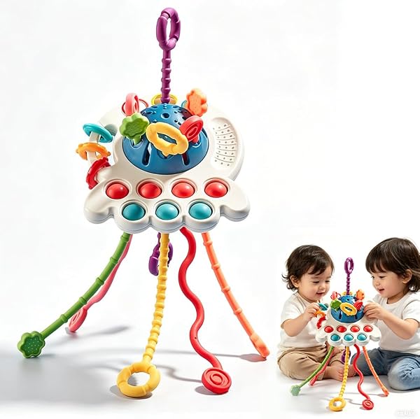Jouet Montessori, Jeux De Corde À Tirer Bebe Jou de Dentition Jouet De Stimulation Multisensorielle Jou Sensoriels en Couleurs Vives pour Travailler La MotricitÉ Fine(Bleu) - 1