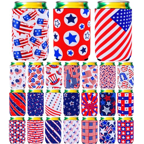 Image of Tioncy 24 Pcs 4th of July Slim Can Sleeves Independence Day Can Cooler Patriotic Skinny Insulators American Flag Neoprene Insulated Slim Cooler for 12 oz Beverage Bottle(Flag Style,5.12 x 3.94 Inches)