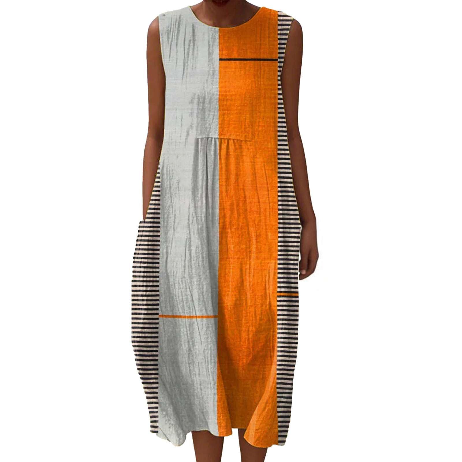 Vestido Mujer Estivo Boho Chic - Abito sin Mangas Largo de Lino Estampado y Bolsillos, Suave Vestido Primavera de Mezcla, Maxi Talla Grande Elegante para Vacaciones Playa 2026