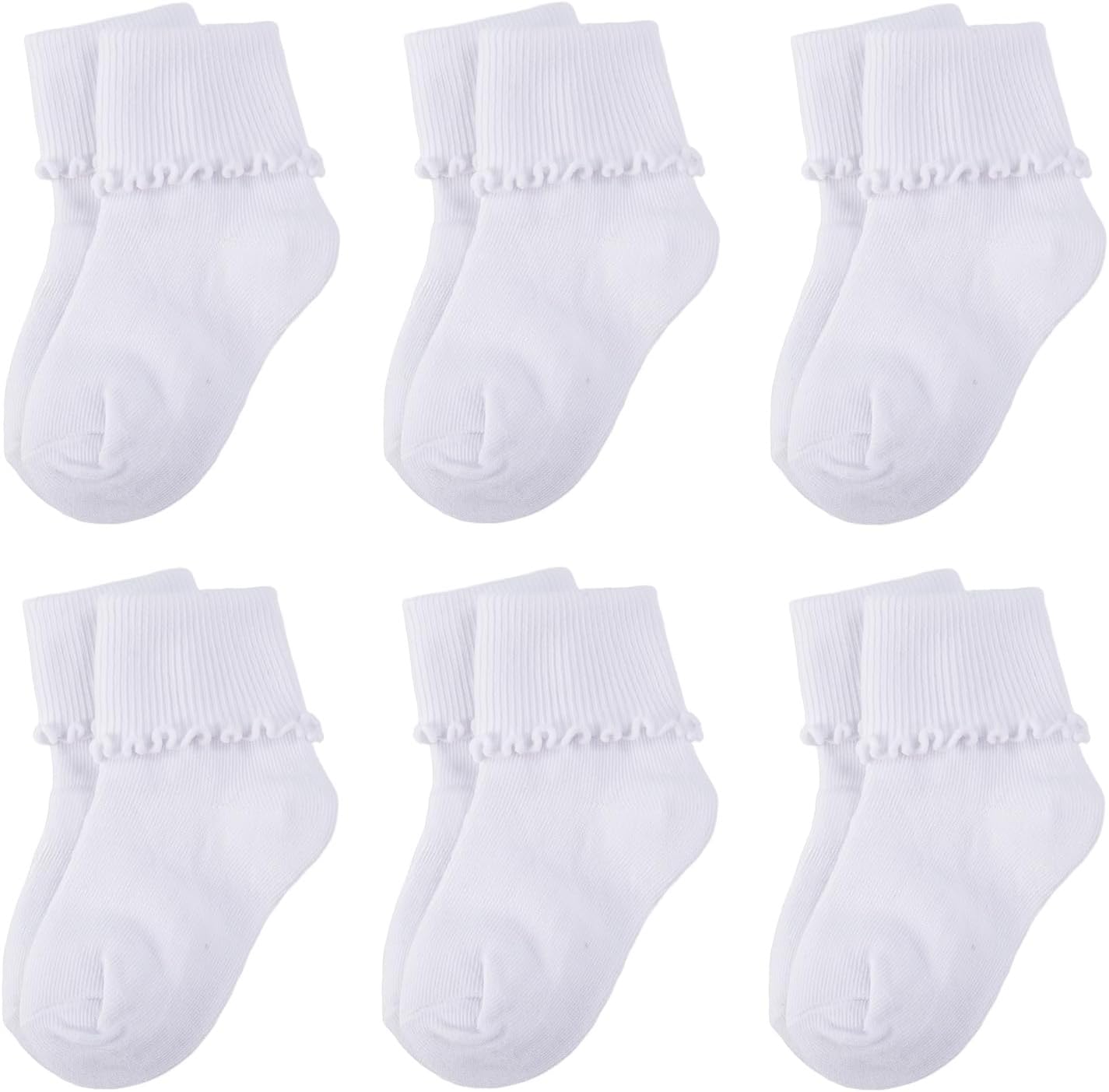 6 Pairs Newborn Infant Toddler Baby Girls Turn Cuff White Ruffle Frilly Cotton Dress Crew Socks,0-6,6-12,12-24 Months