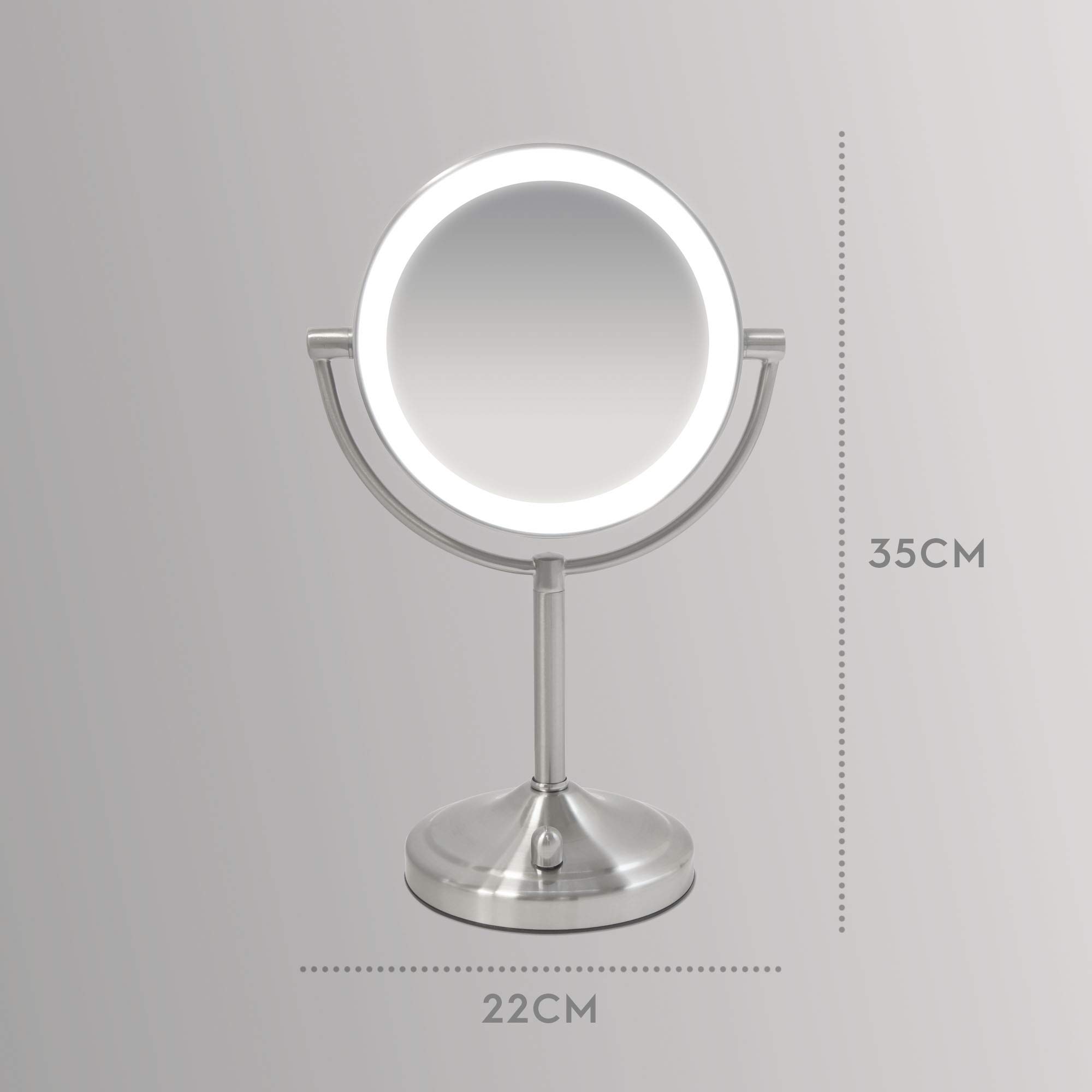 HoMedics Beauty Spa, Specchio Cosmetico per Trucco Illuminato con Luci LED, Specchio Double Face Rotante con Regolatore della Luce e Ingrandimento da 1X e 7X, a Batteria, 16.5x25x36.5 cm, Bianco