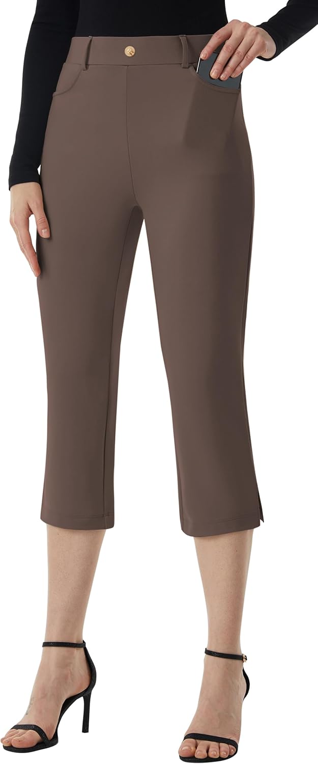 AFITNE Women's Pull On Capri Pants Dress Yoga Pants with Pockets High Waist Stretch Business Work Casual Cropped Slacks 21"