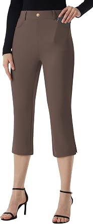AFITNE Womens Pull On Capri Pants Dress Yoga Pants with Pockets High Waist Stretch Business Work Casual Cropped Slacks 21"