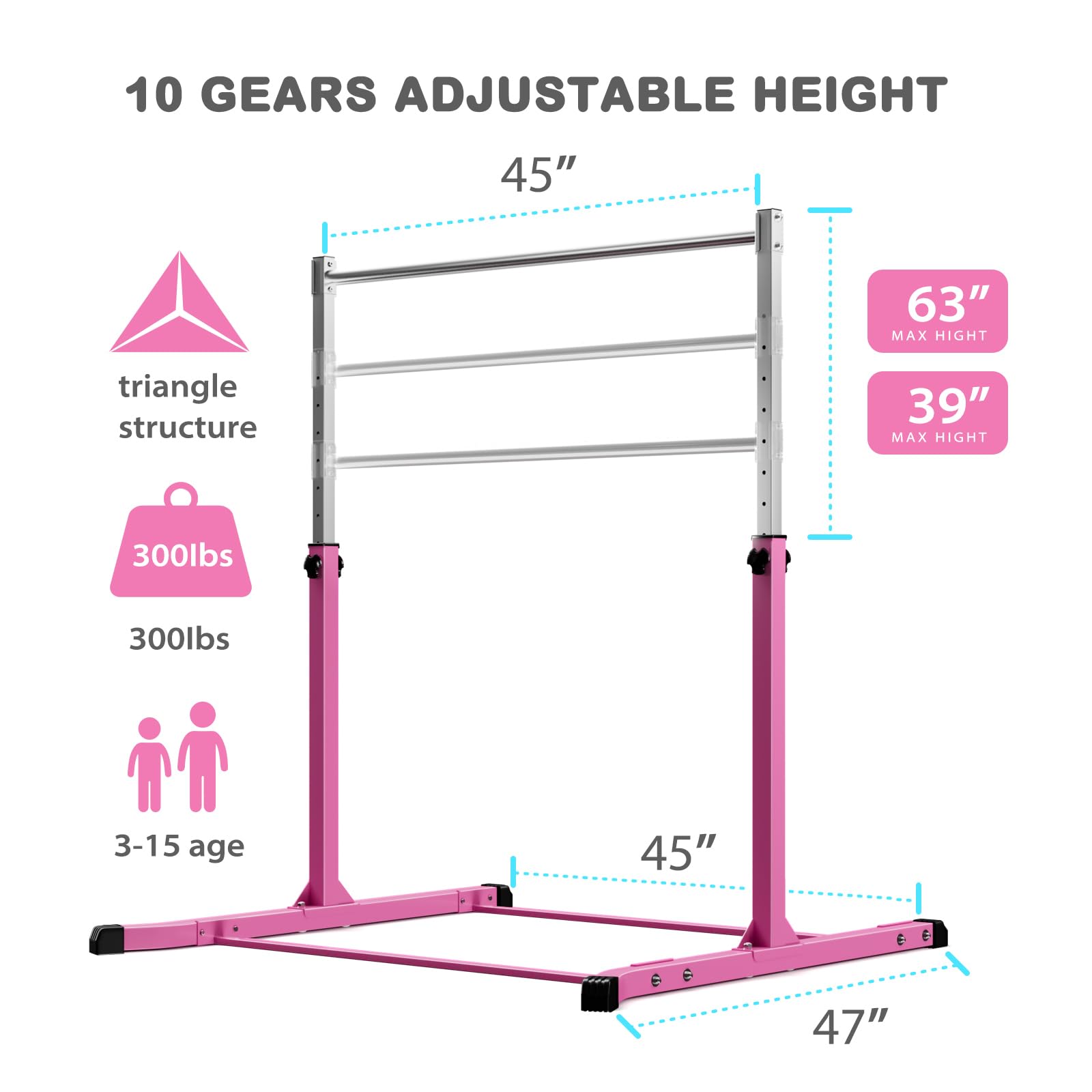 Mosebears Barra da ginnastica, attrezzatura da ginnastica domestica per bambini dai 3 ai 15 anni, struttura in acciaio stabile, antiscivolo, facile da montare, altezza regolabile da 7,6 cm a 1,7 m