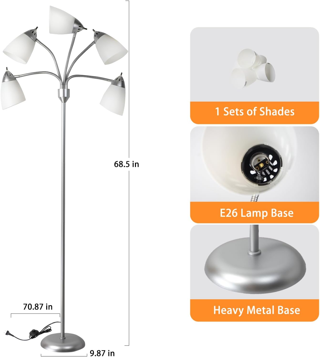 DINGLILIGHTING Floor Lamp Tall for Room: Flexible Gooseneck Floor Lamps Standing for Bedroom Home Office - Modern Floor Lights Silver 5-Light