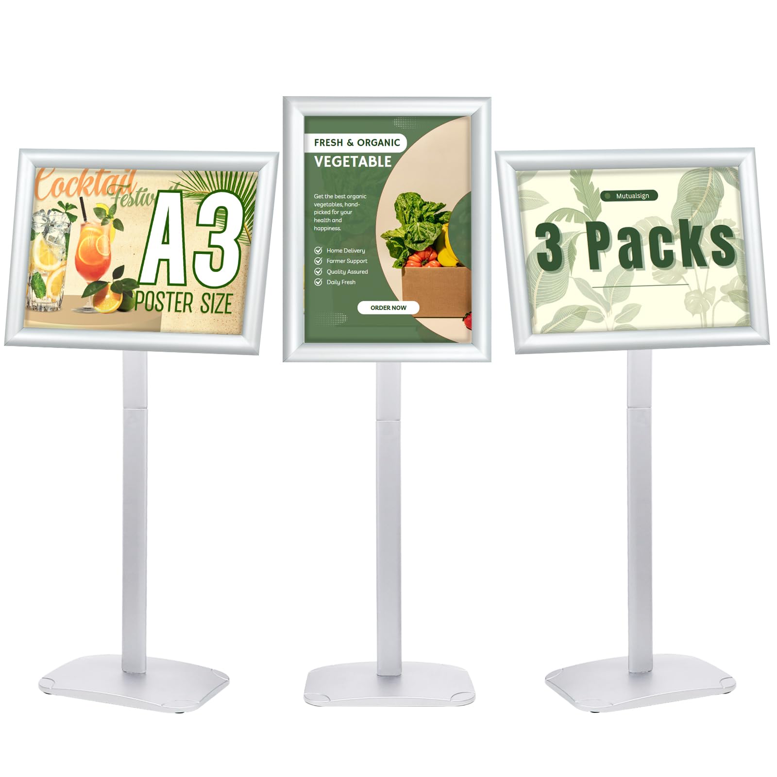 Mutualsign 3 Packs Heavy Duty A3 Poster Stand Floor Standing Sign Stand with Stable Base, Snap Frame Sign Holder for Menu/Notice/Advertisement/Welcome, Silver